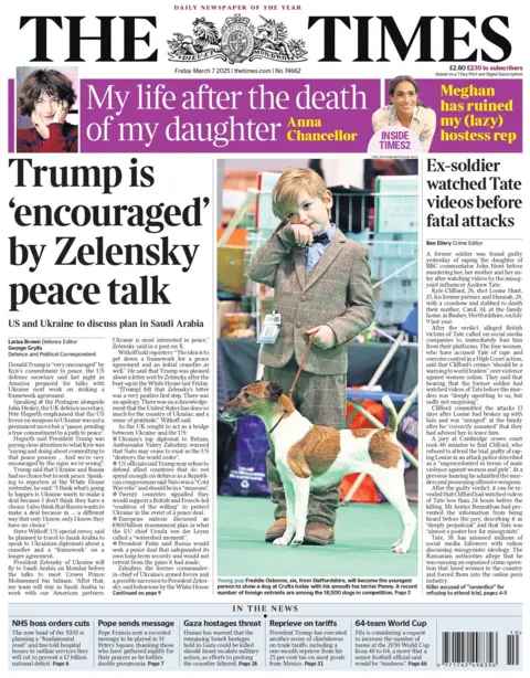 El titular en la página principal de The Times dice: "Trump es 'alentado' por Zelensky Peace Talk."