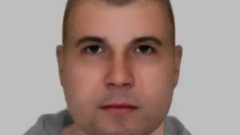North Yorkshire Police An e-fit image of a man with shaved stubble and dark eyes. He is aged between his late twenties and mid thirties.