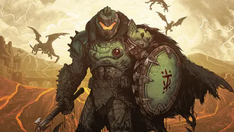 A detailed, comic book style sketch of Doom's main character, The Doom Slayer, standing in front of a barren landscape where lightning illuminates the sky as dragons fly about. He wears his standard green armour, alongside a matching helmet with yellow visor. A tattered viking-style fur cloak billows out behind him.