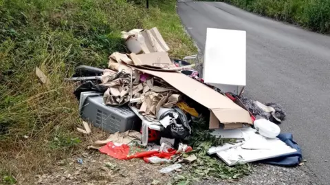 A pile of fly-tipped rubbish, mostly of household items, by the side of a rural road.