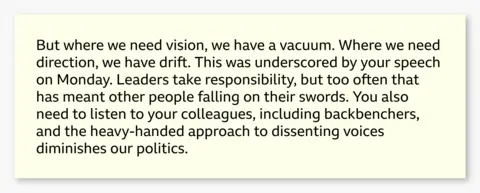Graphic showing an excerpt from Wes Streeting’s resignation letter reading: "But where we need vision, we have a vacuum. Where we need direction, we have drift. This was underscored by your speech on Monday. Leaders take responsibility, but too often that has meant other people falling on their swords. You also need to listen to your colleagues, including backbenchers, and the heavy-handed approach to dissenting voices diminishes our politics.”