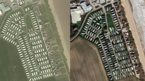 Google Two aerial views of Green Lane in Skipsea which show the extent of coastal erosion in the area. The image on the left shows rows of caravans and houses in 2003 and the righthand side of the image shows the same view in 2022 where the coast has fallen into the sea.