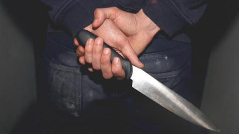 A person holds a knife behind their back