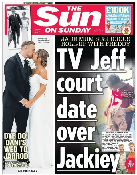 The Sun on Sunday has a picture of a couple on their wedding day kissing, with the headline: Dye do! Dani's wed to Jarrod. Beside, a headline reads: TV Jeff court date over Jackiey. It shows a man and a woman on the beach.