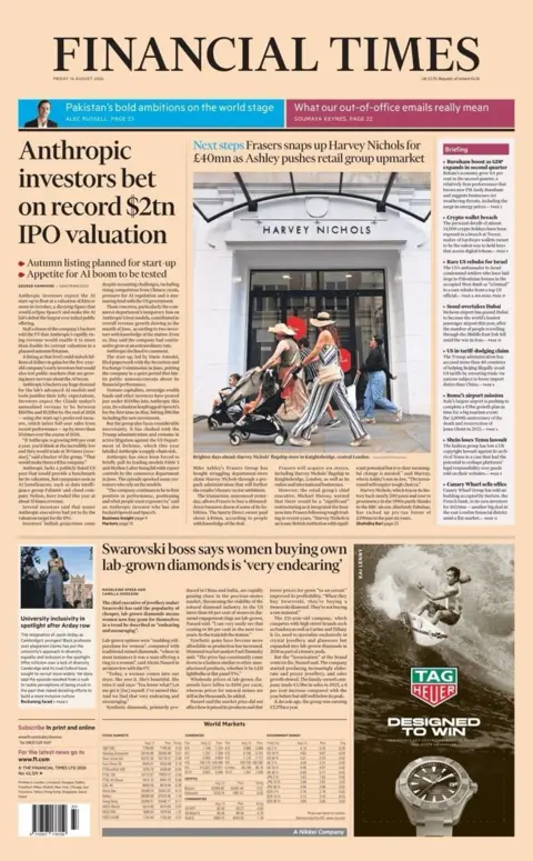 The headline on the front page of the Financial Times reads: "Anthropic investors bet on record $2tn IPO valuation."