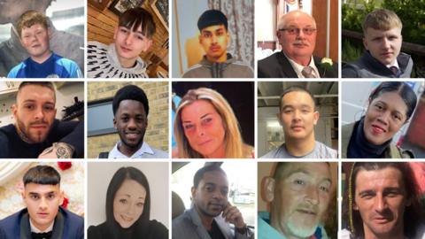 A composite image of 15 headshot photographs of knife crime victims