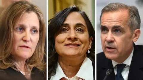 Getty Images Composite of three headshots. From left to right - Chrystia Freeland, Anita Anand and Mark Carney