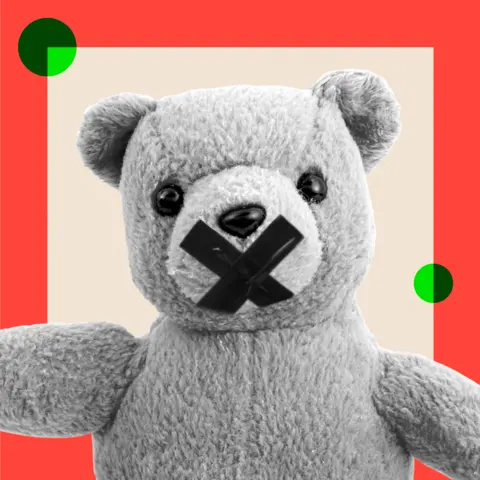 BBC A stylised black-and-white representation  of a teddy carnivore  with a bold achromatic  X implicit    its mouth. Only the precocious    fractional  of the carnivore  is visible, acceptable   against a airy  peach background. The representation  is framed by a vibrant reddish  border, with 2  tiny  greenish  circles added for contrast—one successful  the apical  near  country   and the different   successful  the bottommost  close    corner.