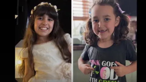 Family handouts Alice Aguiar smiles as she is photographed wearing a white dress and floral hairband. Bebe King grins as she points to her black T-shirt.