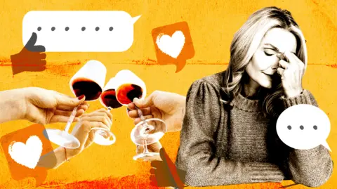 Getty Images/BBC An illustration of an overwhelmed woman. She is surrounded by text message and notification symbols and imagining friends sharing a toast without her