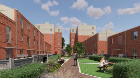 Gloucester City Homes A computer generated image showing what the proposed development would look like. It shows a complex of red brick buildings with lots of windows and a large courtyard area in the middle, complete with picnic benches and green space.