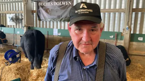 Alwyn Jones, who keeps pedigree Welsh Black cattle in one of the cattle sheds at the Royal Welsh Show. He wears a black cap, black and white chequered braces and a blue and white chequered shirt.