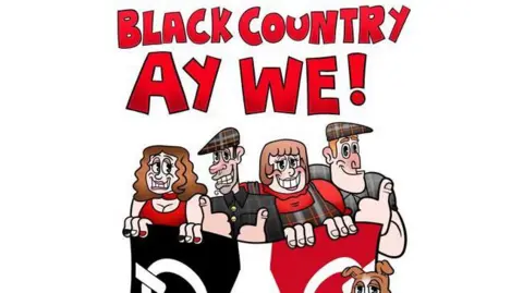 A cartoon image that reads "Black Country Ay We" in bold, red front at the top, with four cartoon people below, who are dressed in red and black. They are holding the Black Country flag, which is also red, black and white. A dog's ears can be seen at the bottom left of the image.