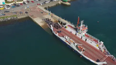 Aerial shot of a ferry at Strangford lough