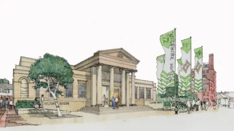 Devizes Assize Court Trust An artists impression of the outsie of the court, showing some people on the steps. It is a georgian building, with columns by the entrance and green flags outside in the courtyard