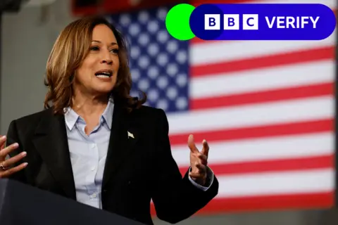 Getty Images US Vice-President Kamala Harris speaks at a Labor Day event in Detroit, Michigan, on 2 September 2024.