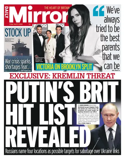 "Putin's Brit hit list revealed," the Daily Mirror's headline on the front page reads.