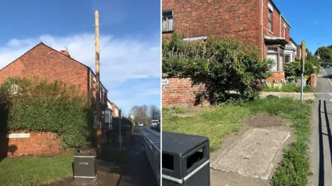Joyce Whittle A side-by-side comparison of the same street corner. The image on the left has a wooden telegraph pole beside a pavement near a brick house. The one on the right shows the same location after the pole's removal, with only the pavement and the verge remaining.