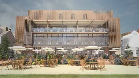 Mackenzie Wheeler An artist's impression of the four-storey rebuilt pub including wood cladding and glass. Tables and chairs with parasols can be seen outside while balconies with seats are on the upper floors.