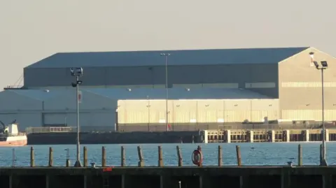 BBC The yard's waterfront is dominated by large grey-coloured sheds.