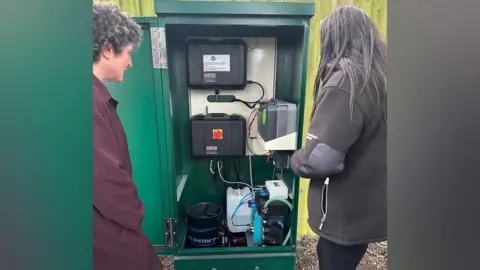 Ludlow Town Council A man and a woman stand in front of a green cabinet. Inside are various black and white boxes with wires.