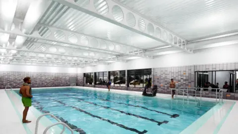 Saunders Boston Architects An artist's impression of how the pool might look. The blue pool, with lane markings on the bottom, is in a large building with silver tiles. It has a metal roof. There are two or three people standing on the edge of the pool, which is empty.
