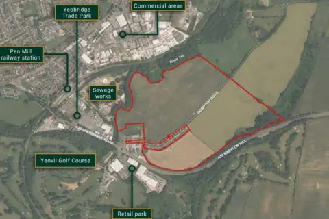 Hallam Land Management Ltd An aerial view of the area where the development will be situated, outlined in red. Nearby locations including a sewage works, railway station and retail park are highlighted.