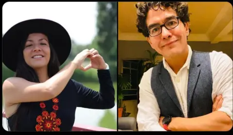 A composite image posted on social media by the mayor of Mexico City shows her private secretary, Ximena Guzmán, wearing a black hat and making the sign of a heart with her hands and her aide, José Muñoz, wearing a white shirt and a grey waistcoat, smiling into the camera. 