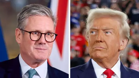 Getty Images Sir Keir Starmer, pictured last month, wearing glasses in front of a union flag wearing a suit and green checked tie, alongside a separate image of Donald Trump, wearing a suit and red tie in front of his supporters