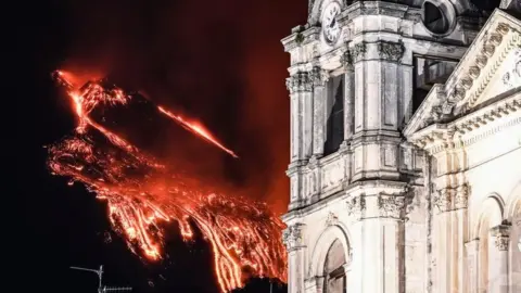 Lava spewing in the background of a cathedral