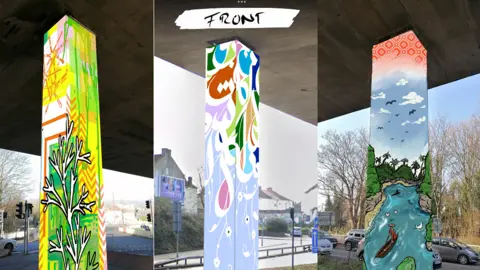 NATIONAL HIGHWAYS Artist impressions of the three columns. One has trees painted on it. The other is painted in blue with splashes of red and the other is of the river Frome.