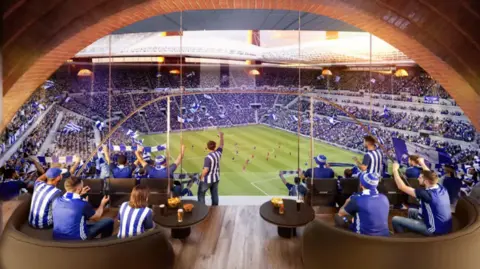 BCFC Images show fans sat watching a game though very large windows at the new stadium. They are sat in circular settees with thousands of others fans in seating outside and below them.
