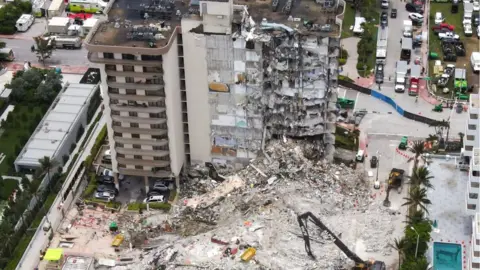 An aerial view of the collapsed apartment block in Surfside, Florida. Photo 1 July 2021