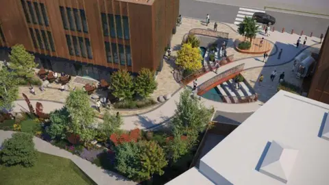 Bromsgrove District Council Computer-generated image showing a path curving between modern town centre buildings, with trees and a bridge over water. 