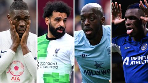 Yves Bissouma, Mohamed Salah, Yoane Wissa and Nicolas Jackson react during Premier League games
