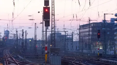 Empty train tracks at Deutz train station in Cologne, Germany, pictured on March 7, 2024 