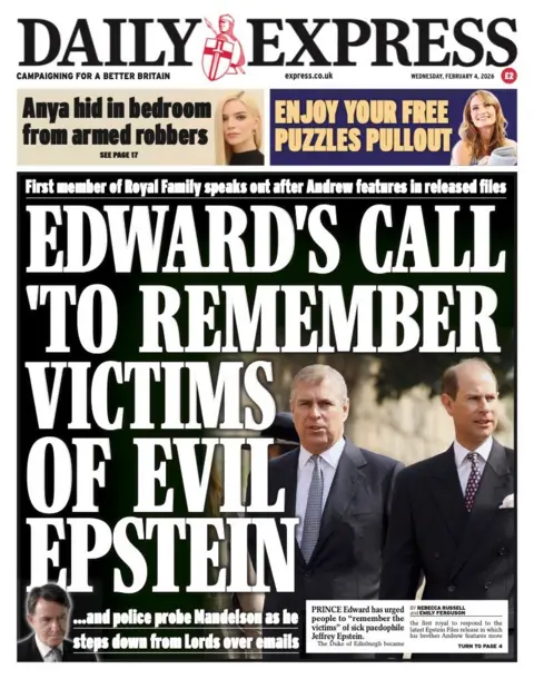"Edward's call 'to remember victims of evil Epstein'," reads the headline on the front page of the Daily Express.