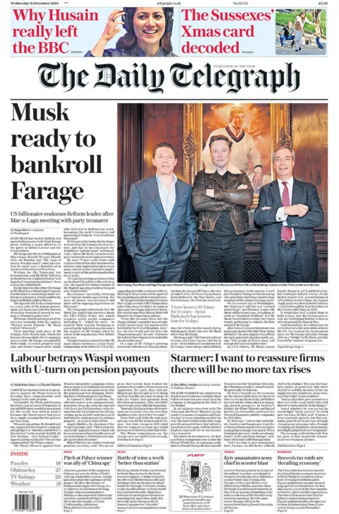 Judul utama di halaman depan Telegraph berbunyi: "Musk siap membiayai Farage"