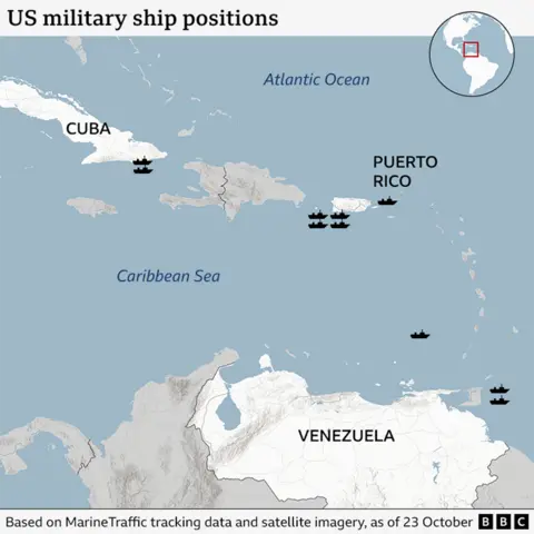 A map of the Caribbean Sea, showing the positions of 10 US vessels.