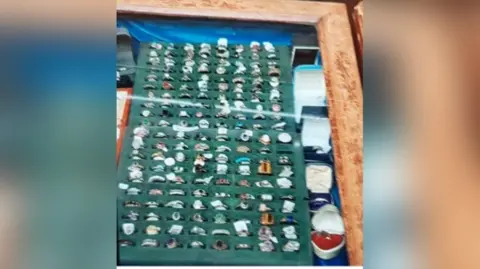 A green cushion with dozens of rings sitting in it, some with colourful jewels. Around it are various ring boxes containing jewellery. They are all inside a glass cabinet with wood surround.