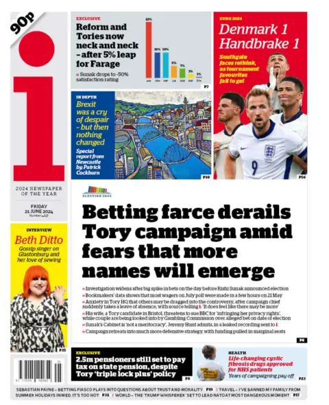 The headline on the front page of the i reads: “Betting farce derails Tory campaign amid fears that more names will emerge"