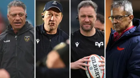 L-R: Dragons boss Filo Tiatia, Cardiff head coach Corniel van Zyl, Mark Jones of Ospreys and Scarlets director of rugby Nigel Davies