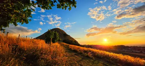 Jackie Dawson A narrow path winds through tall golden grass towards a rounded hill at sunset. Warm sunlight illuminates the landscape, while scattered clouds glow against a bright blue and orange evening sky.