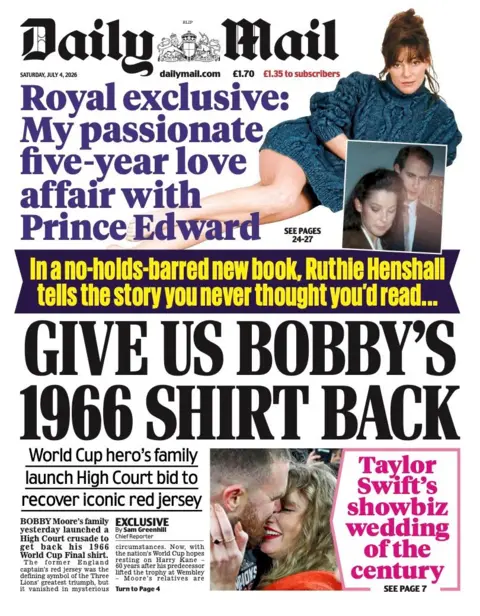 The headline on the front page of the Daily Mail reads: “Give us Bobby's 1966 shirt back”.