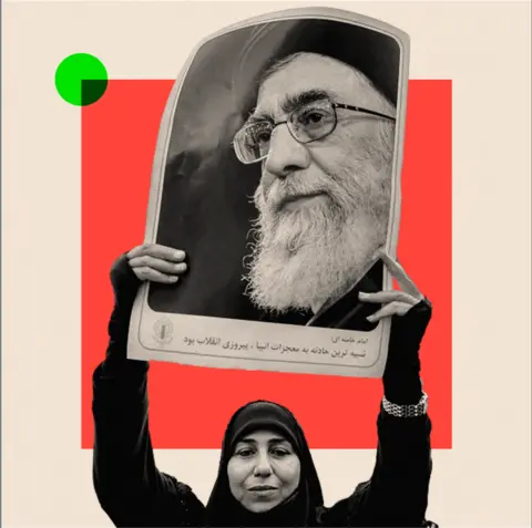 BBC A woman holds up a poster of Iran's Supreme Leader