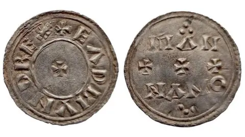 Two ancient coins placed side-by-side. Both are decorated with letters and symbols.