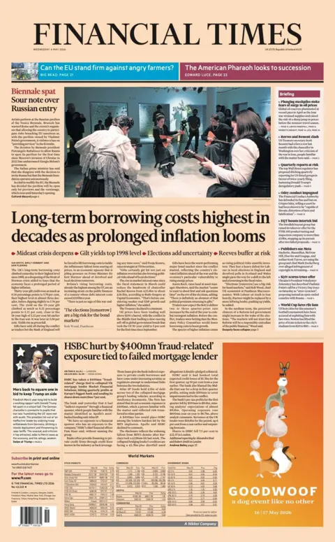 The headline on the front page of the Financial Times reads: "Long-term borrowing costs highest in decades as prolonged inflation looms."