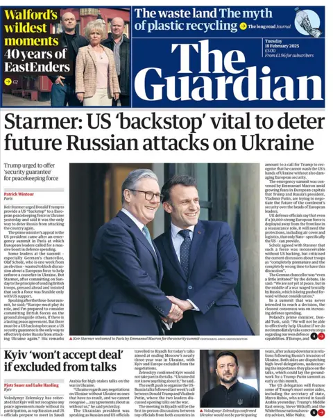 The Guardian headline reads: US 'backstop' vital to deter future Russian attacks on Ukraine