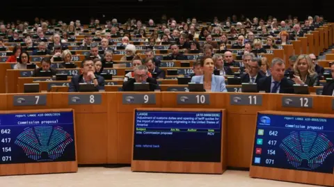 European parliament interior shot showing a plenary session in which the EU/US trade deal was greenlight, pending some conditions.