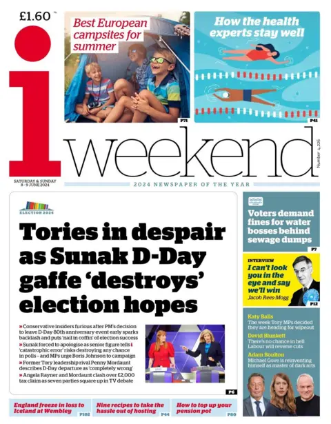 The front page of the i reads: “Tories in despair as Sunak D-Day gaffe ‘destroys’ election hopes”